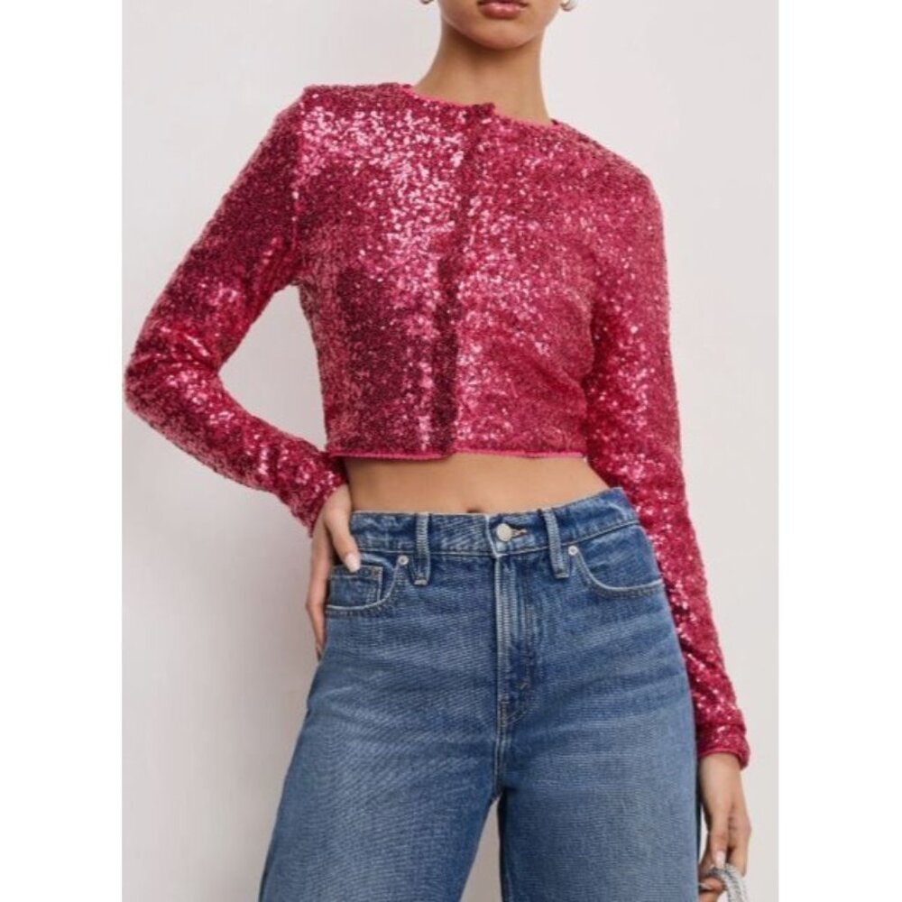 Good Amreican Cardigan Cluster Pink Sequin Women's Button Crop Top Small NEW